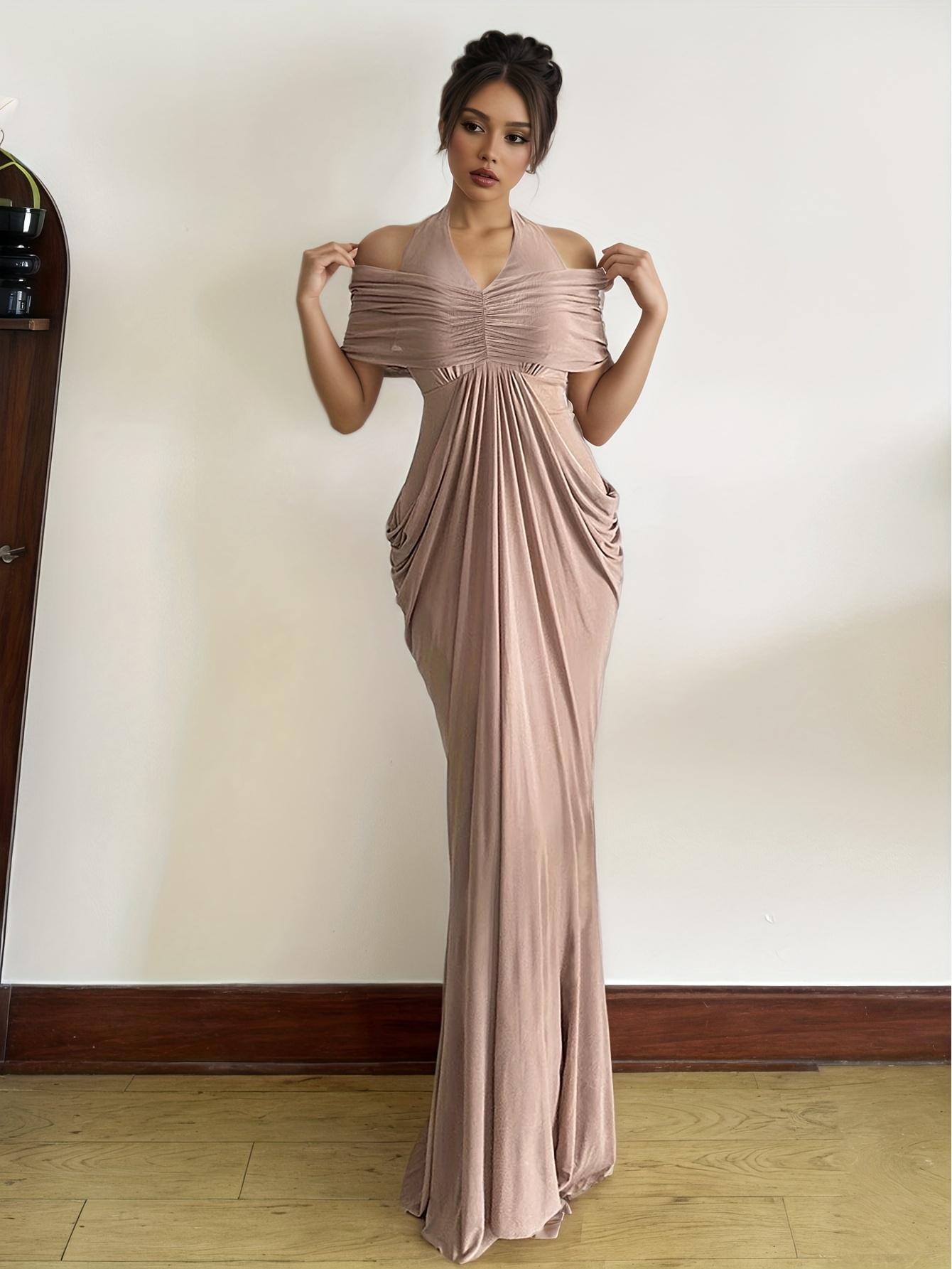 Women'S Halter Neck Mesh Maxi Dress, Off-Shoulder Mesh Decoration, Exquisite Buttons, Bridesmaid Outfit, Wedding Season, Party Dress, Elegant And Casual, Easy And Versatile, Sweet And Cute, Essential for Dates, Party Wear, New Autumn And Winter Clo