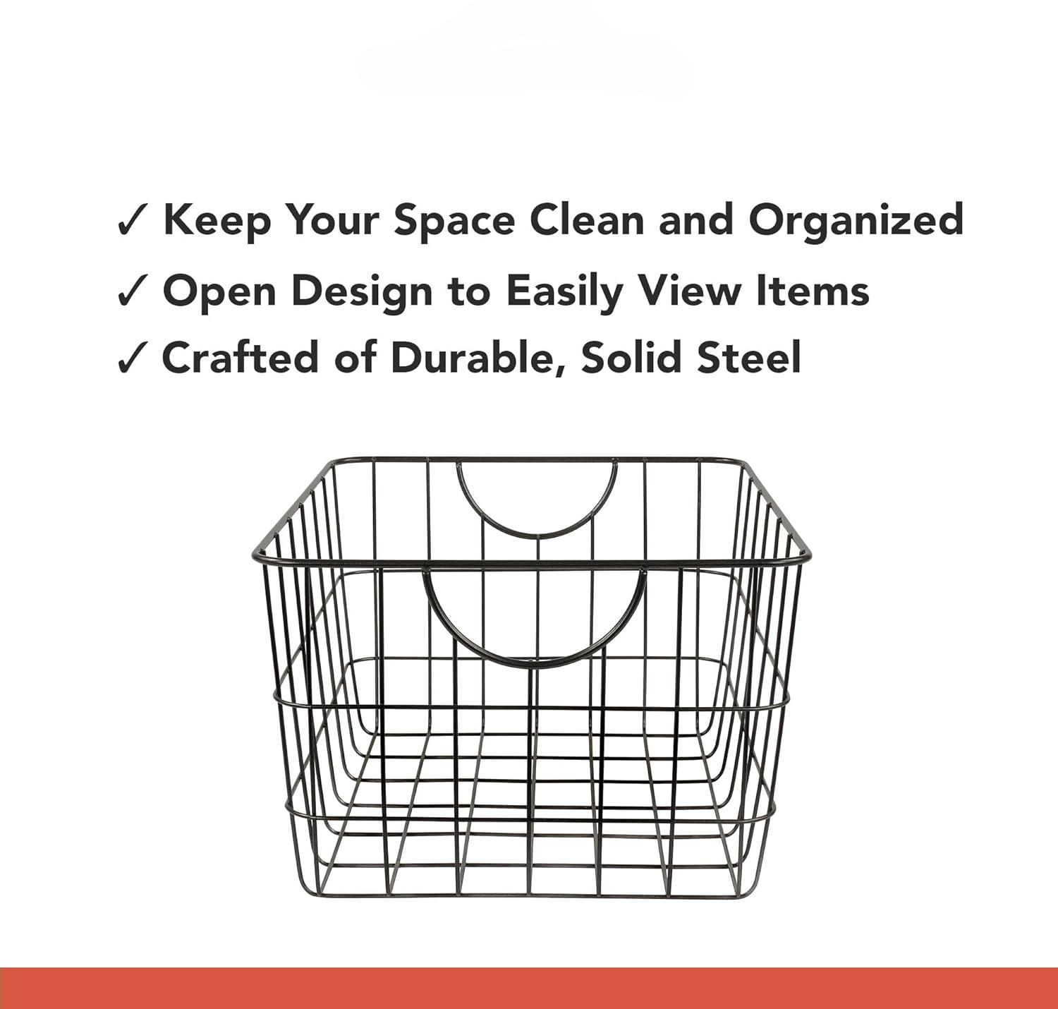 Large Wire Basket with Handle Black Metal Utility Storage Bin for Organizing Kitchen Pantry Cabinets Closet and Garage Shelves, Steel Metal Basket Storage Organizer Bin with Handle