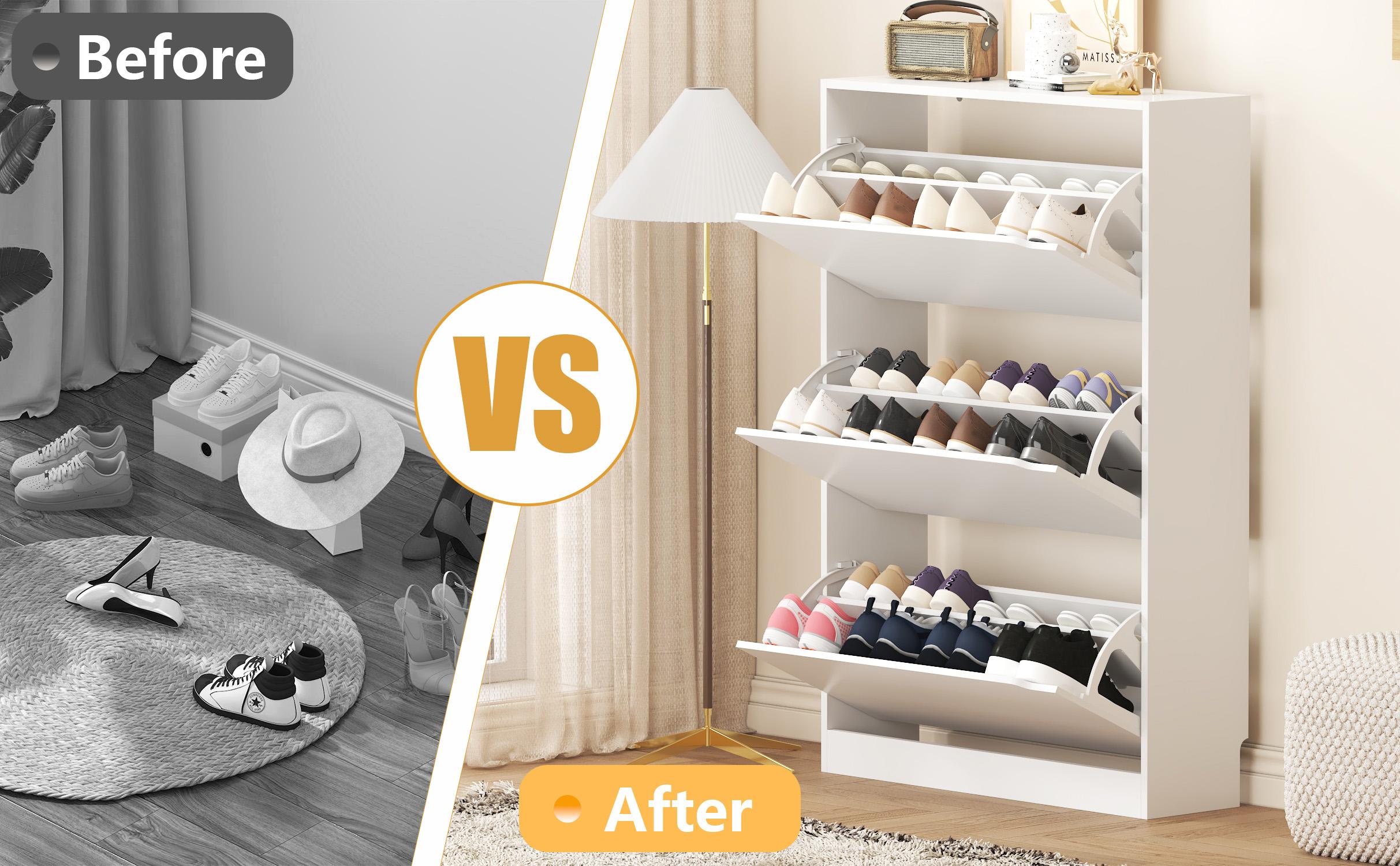 Natural Finish Adjustable Shoe Cabinet with Hidden Storage，Shoe Storage Cabinet with 3 Flip Drawers,Narrow Shoe Rack Cabinet,Freestanding Organizer Storage for small-sized multifunctional furniture