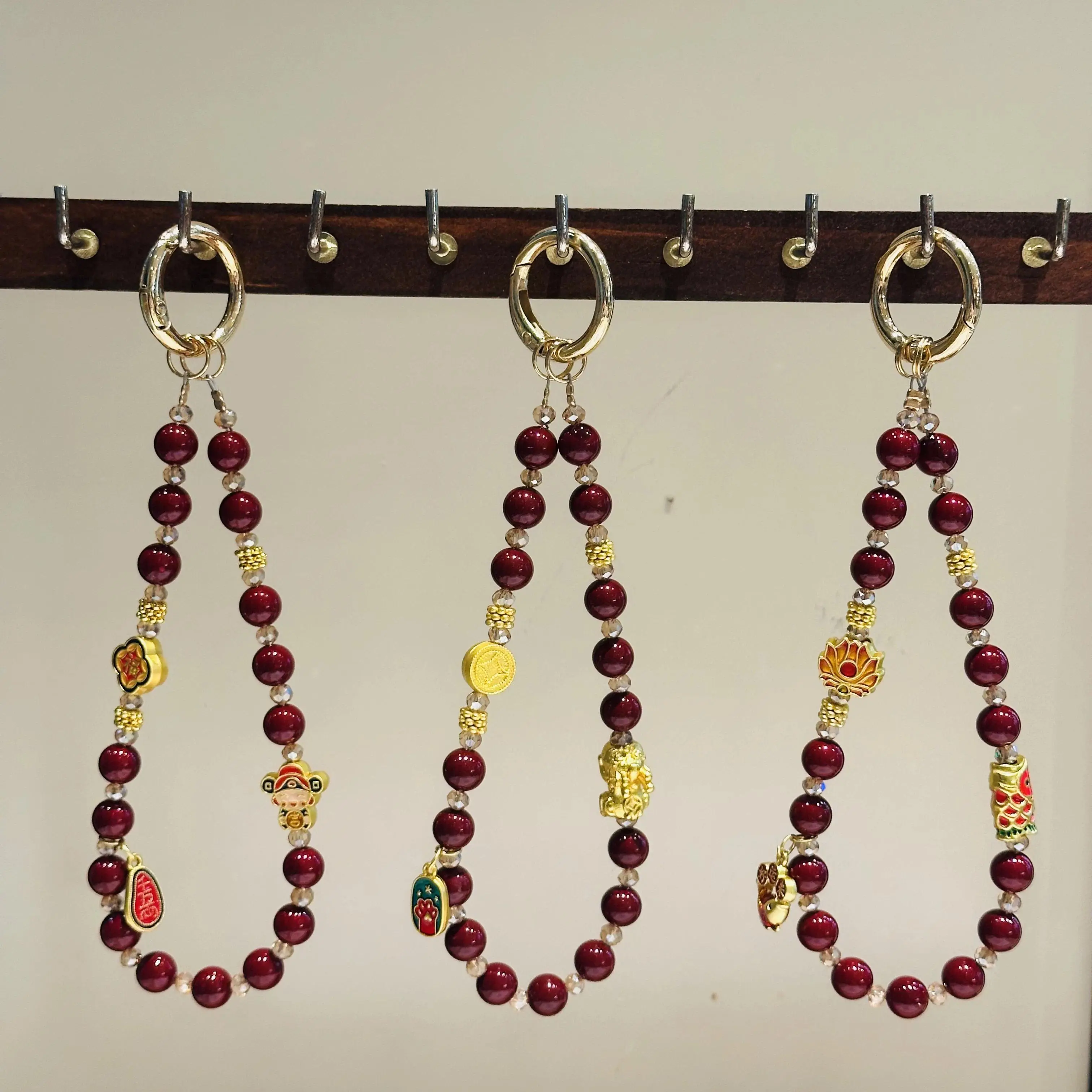Chinese Style Festive Red Bead Mobile Phone Lanyard, Wrist Lanyard, Car Keychain, Bag Lanyard, Pendant