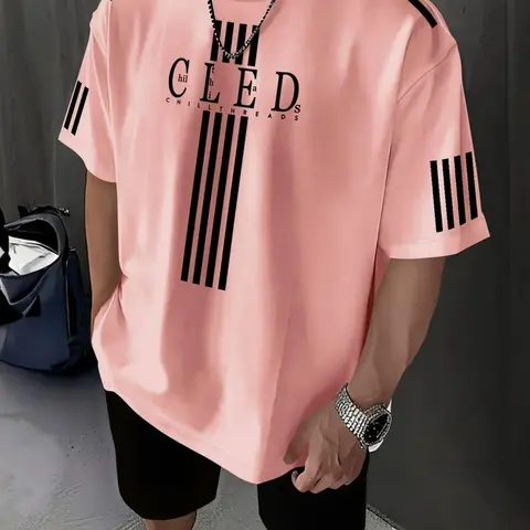 Men's Plus Size Summer Line Pattern Print Short Sleeve T-Shirt, Casual Daily Wear, Versatile Simple Design, Comfortable Fit
