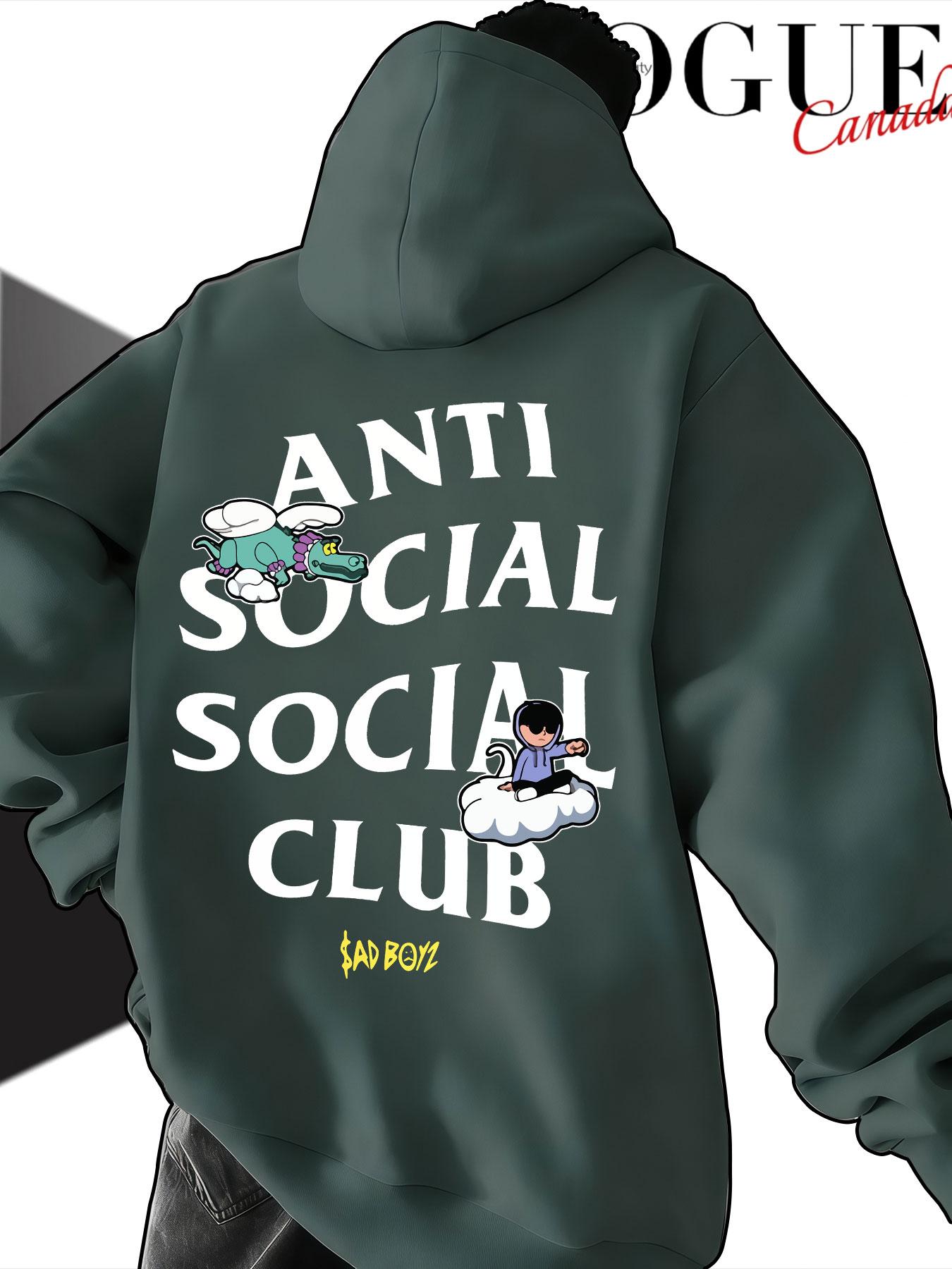 Men's Hooded Sweatshirt Fall Anti Social Social Club Cartoon Print, Casual Loose-Fit Streetwear, Trendy Drop Shoulder Top