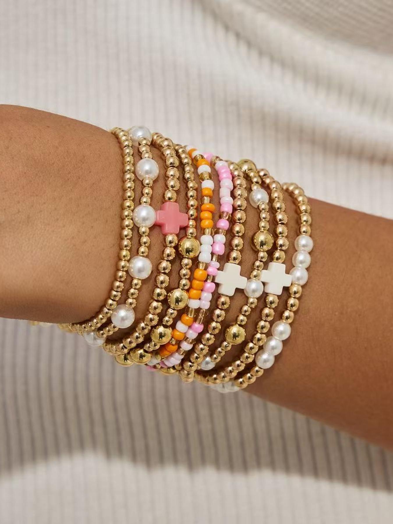 Boho Stackable Beaded Bracelets for Women, Gold Pearl Elastic Bracelet Set, Summer Beach Bohemian Jewelry, Colorful Cross Charm Wrist Bracelets, Daily Wear Gift for Her