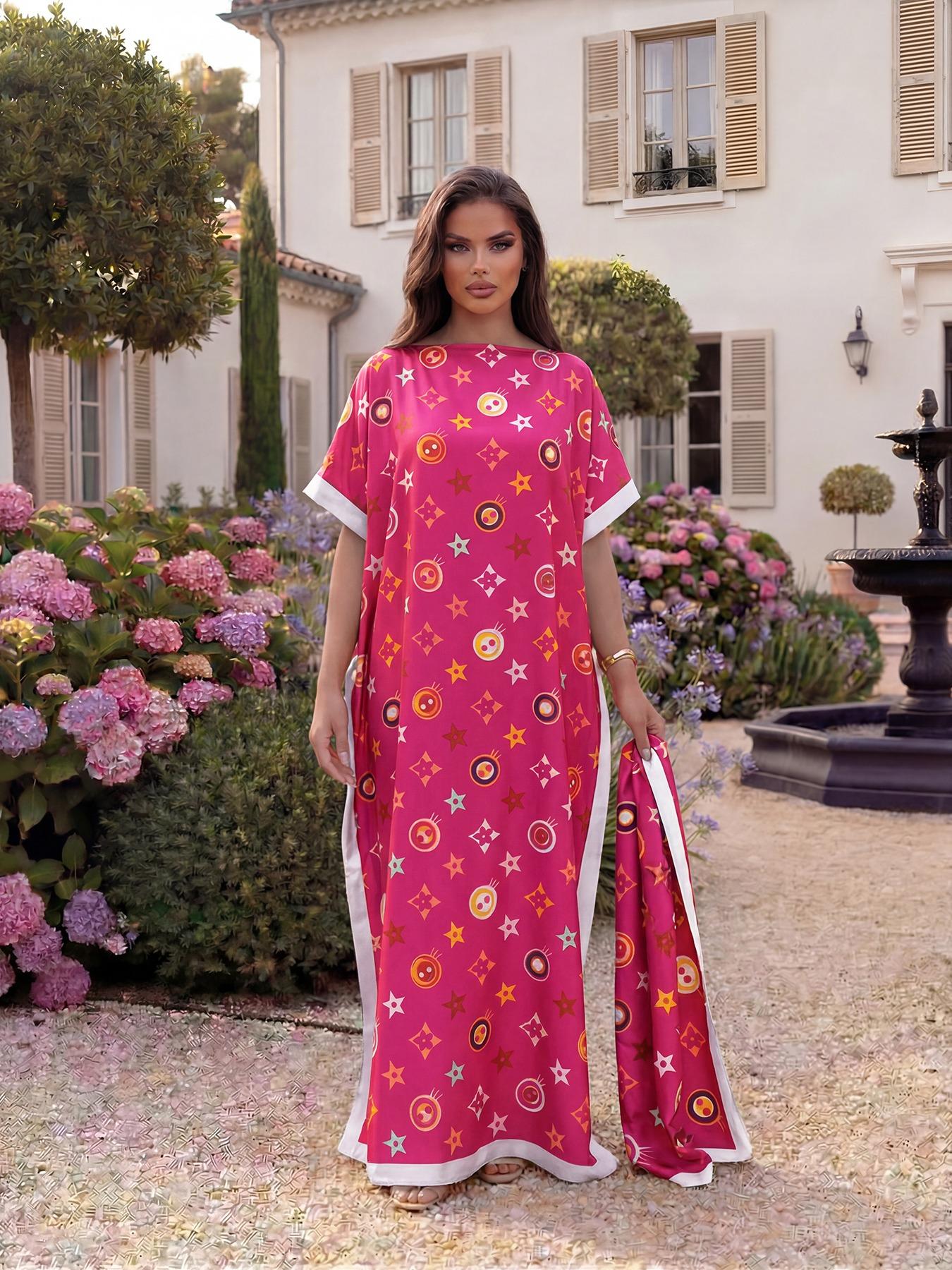 Women's Elegant Chic Geometric Print Robe Set, Long Dress & Scarf Shawl, Beach Sun Protection Satin Silk Matching Set