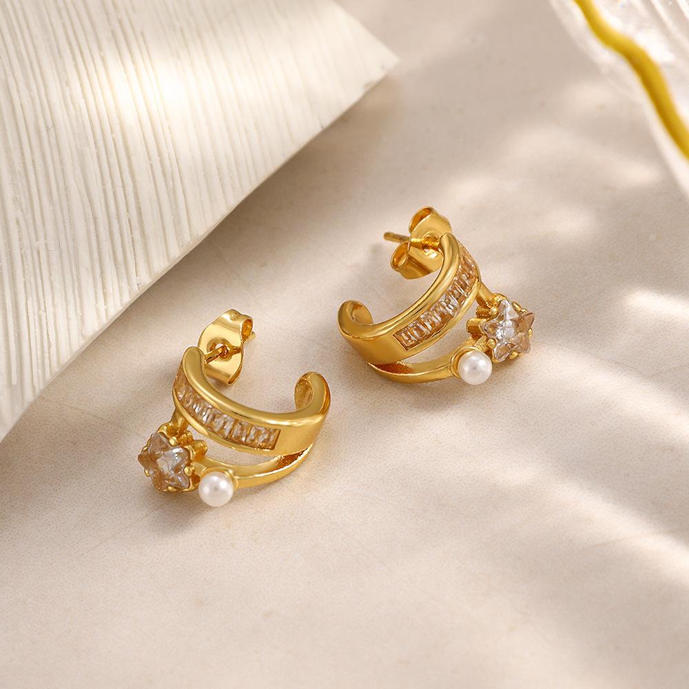 Stylish Titanium Steel C-Shaped Hoop Earrings, 18K Gold Plated, Inlaid Zircon, Trendy & Versatile Design, Tarnish & Water Resistant, Perfect Birthday & Holiday Gift for Her