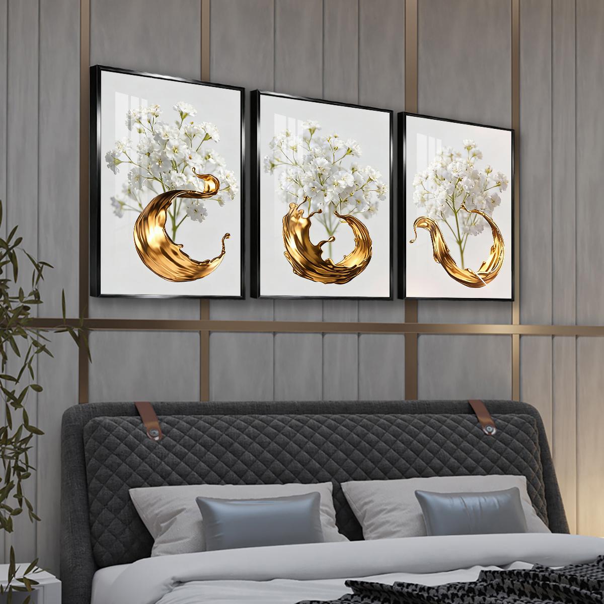 3 Counts Aluminum Alloy Framed Painting, White Flowers With Golden Liquid Art Pictures, Home Decoration For Living Room, Bedroom, Office, Restaurant, Hallway Wall Decor, Odorless Print Artwork, Luxury Perfect Gift For Friends And Family