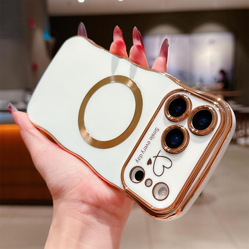 For iPhone 17 Pro Max 16 15 14 12 Case Magnetic,for Women Girls Soft Cute Wave Frame Curly Shape Love Heart Luxury Plating Phone Case Compatible with MagSafe Shockproof Back Cover