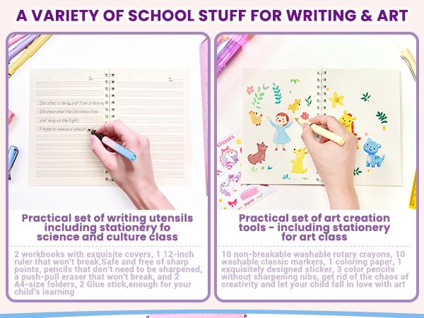 JoyCat Unicorn/Dinosaur School Supply Kit, 46 pcs Back to School Essential, Art Supplies & Refillable Tools, Ideal Kids Stationery Set for Girls Boys