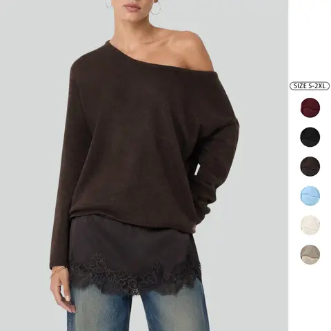 Imily Bela Women’s One Shoulder Sweater Lace Trim Long Sleeve Knit Top Trendy Asymmetrical Neck 2026 Elegant Pullover Tunic Sweater