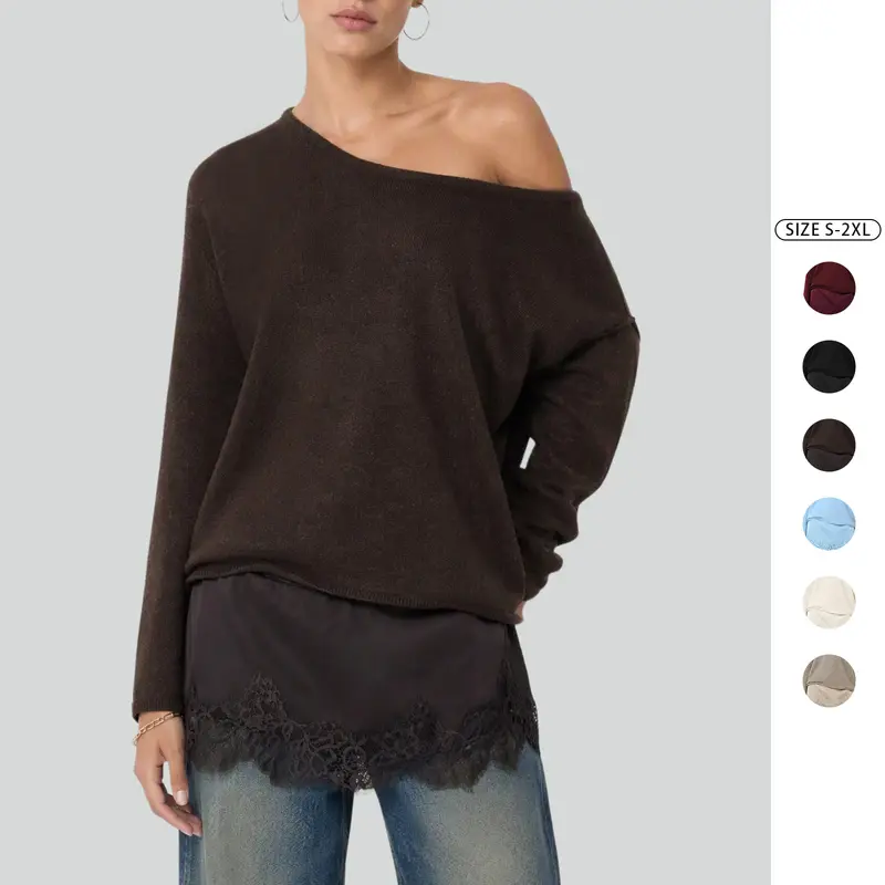 Imily Bela Women’s One Shoulder Sweater Lace Trim Long Sleeve Knit Top Trendy Asymmetrical Neck 2026 Elegant Pullover Tunic Sweater