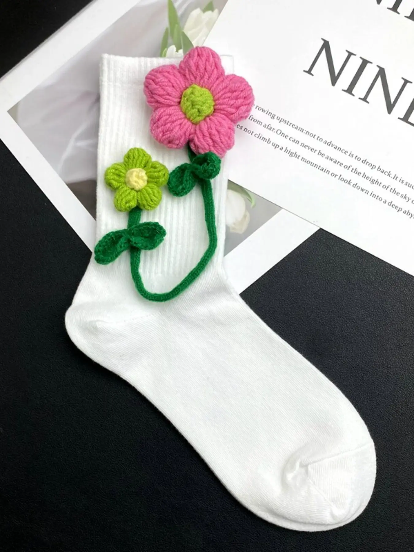 Trendy Handmade Crochet Flower Socks for Women, Unique Handcrafted Cute Retro Sweet Cool Outerwear Trendy Mid-Calf Long Socks for Fall Winter