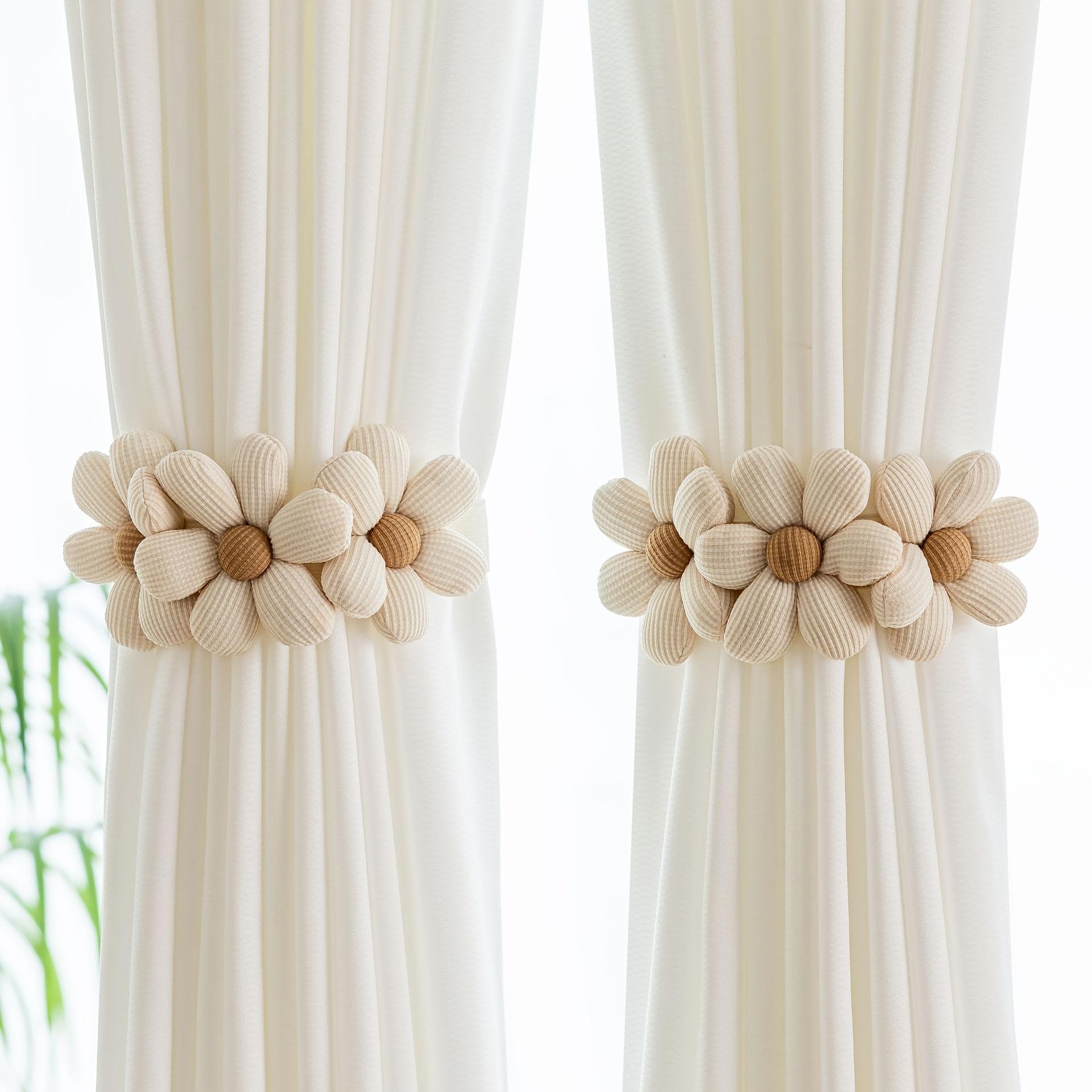 Boho Elastic Curtain Tiebacks with Daisy Floral, Ivory Cream Curtain Holdbacks with Invisible Buckle, Easy Install Decorative Home Accessories for Bedroom Living Room