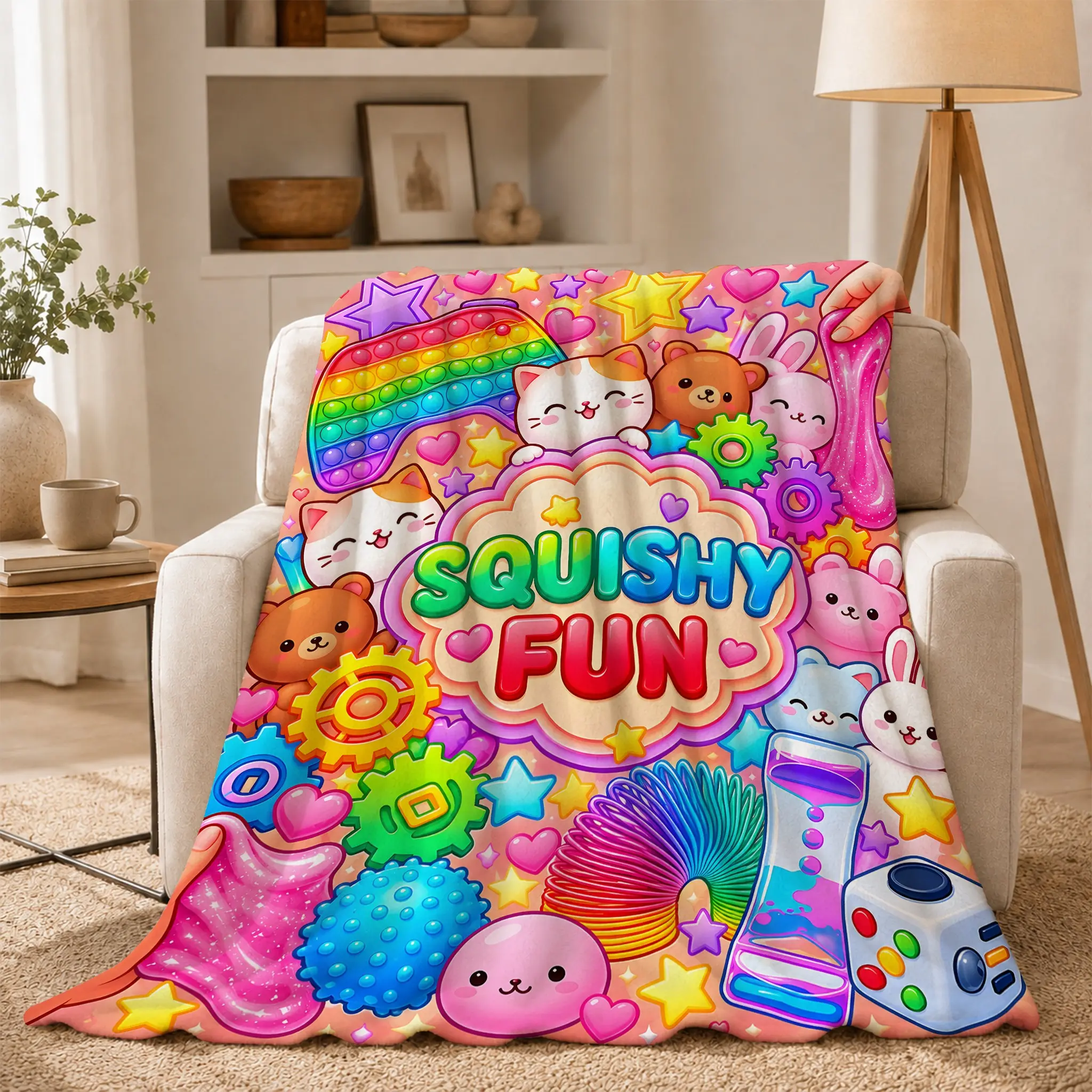 Squishy Fun Fidget Toy Flannel Fleece Blanket, Colorful Rainbow Pop It Bear Bunny Cat Pattern, Ultra Soft Warm Cozy Blanket, Fidget Lover Gift