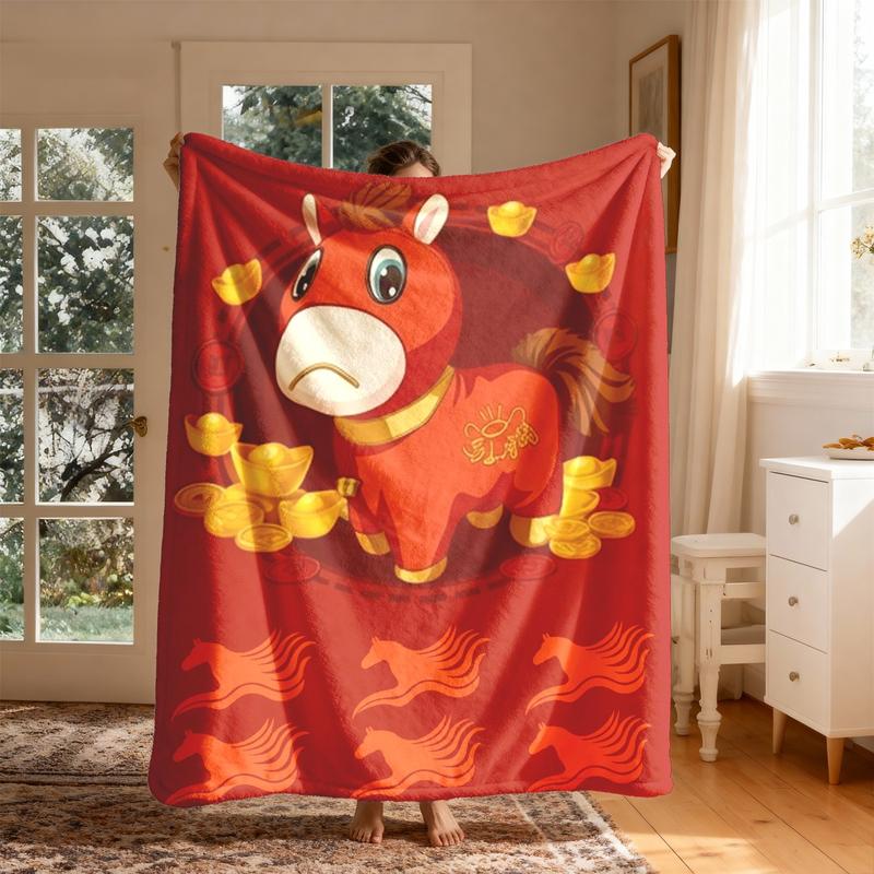 Cute Bitter Horse Theme Flannel Blanket, Large Size, Soft Lightweight Warm, Perfect for Bed Sofa Office Camping Travel Gift