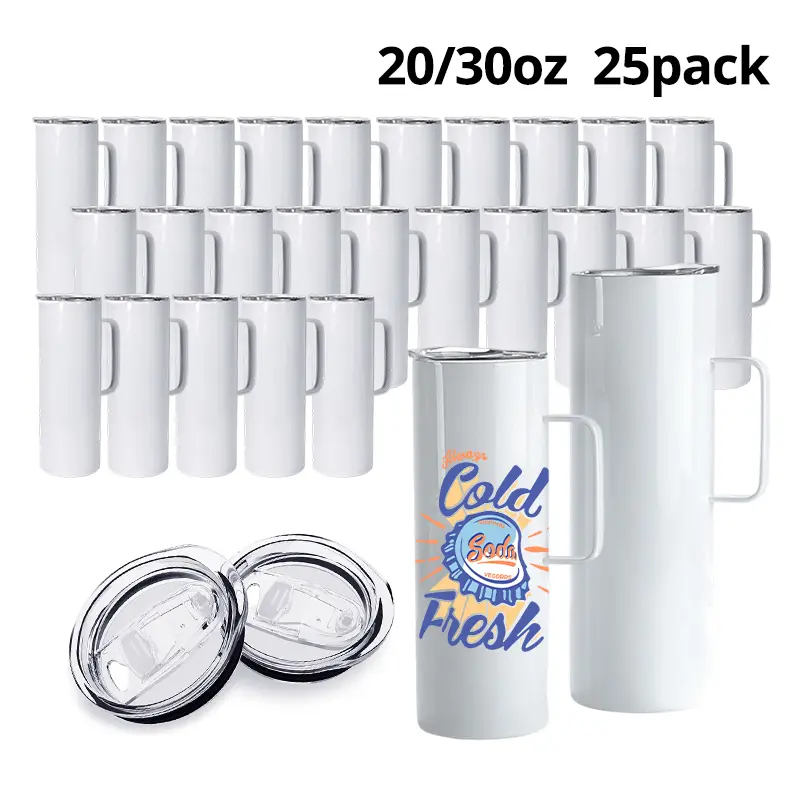 25pcs 20/30oz Sublimation Tumbler Blanks with Handle, Vacuum Insulated Stainless Steel Tumblers for Heat Press & Oven, DIY Custom Printing Craft Cups