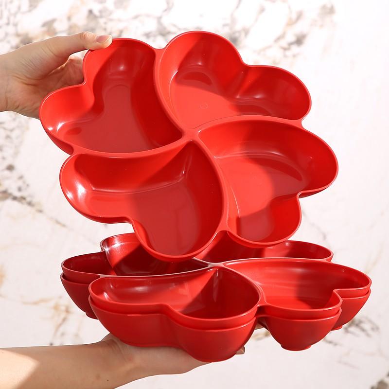 Four-Leaf Clover Fruit Tray, Perfect for Valentine's Day, Reusable Plastic Serving Platter, Heart-Shaped Divided Dish, Elegant Plastic Plates