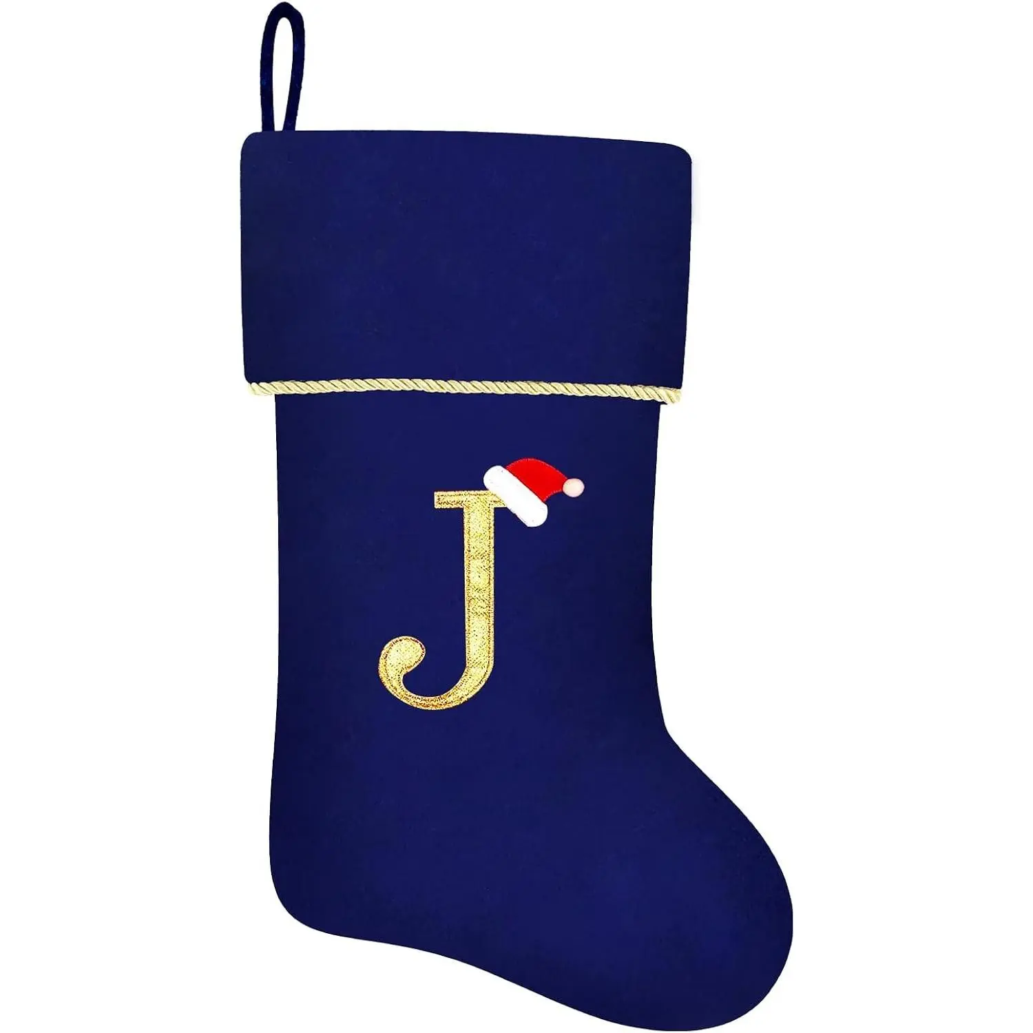 20 Inches Blue Christmas Stocking with Embroidered Initial Letter, Large Personalized Velvet Holiday Decor with Gold Trim for Family Party