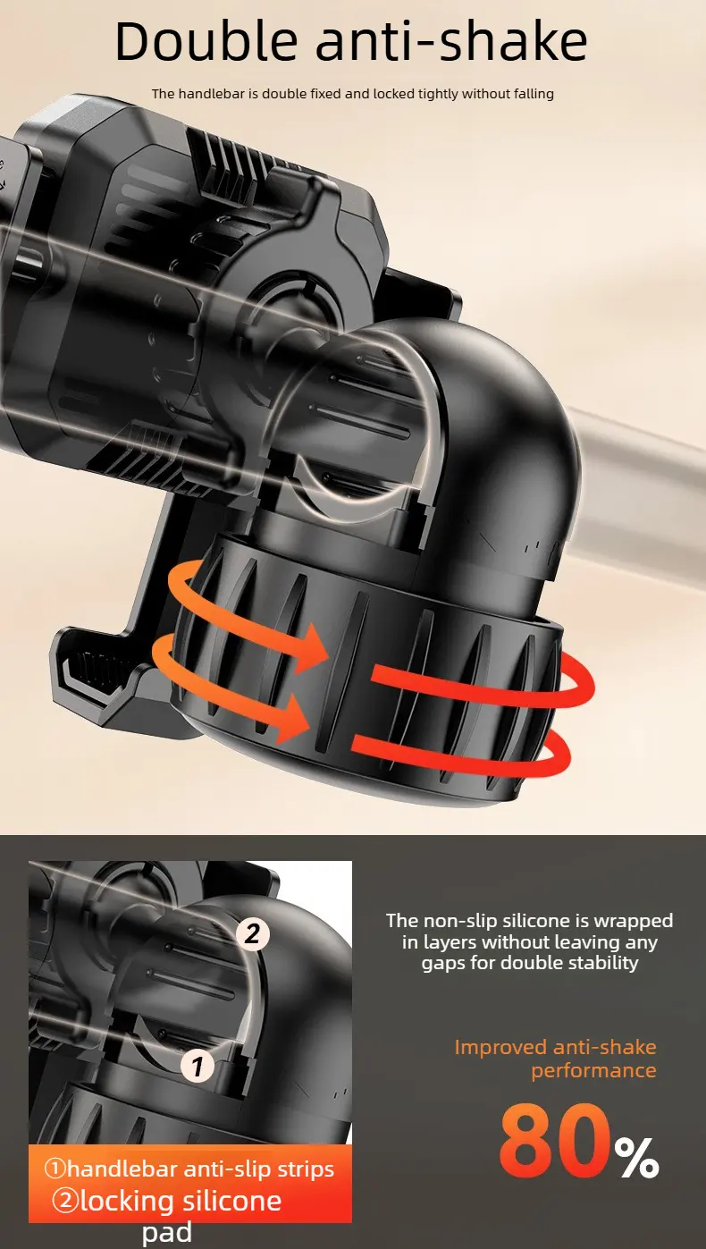 Anti-Shake Bicycle Handlebar Phone Mount Holder with Double Fix Pad, Silicone Pads, 360-Degree Adjustable, Tool-Free Install, Memory Lock, 1-Second Quick Release for Mountain Biking, Navigation Ride