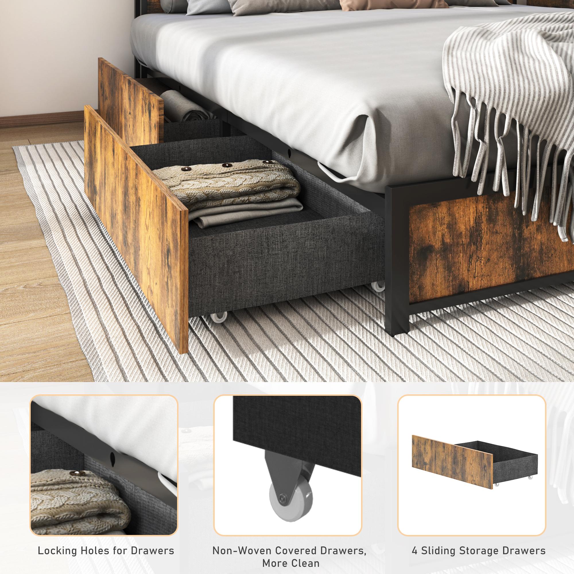 Full/Queen/King Bed Frame with Storage Drawers - Led Lights and Charging Station Metal Bed Frame with Headboard, No Box Spring Platform Bed Frame Wood, Vintage Brown/Brown/Rustic Brown