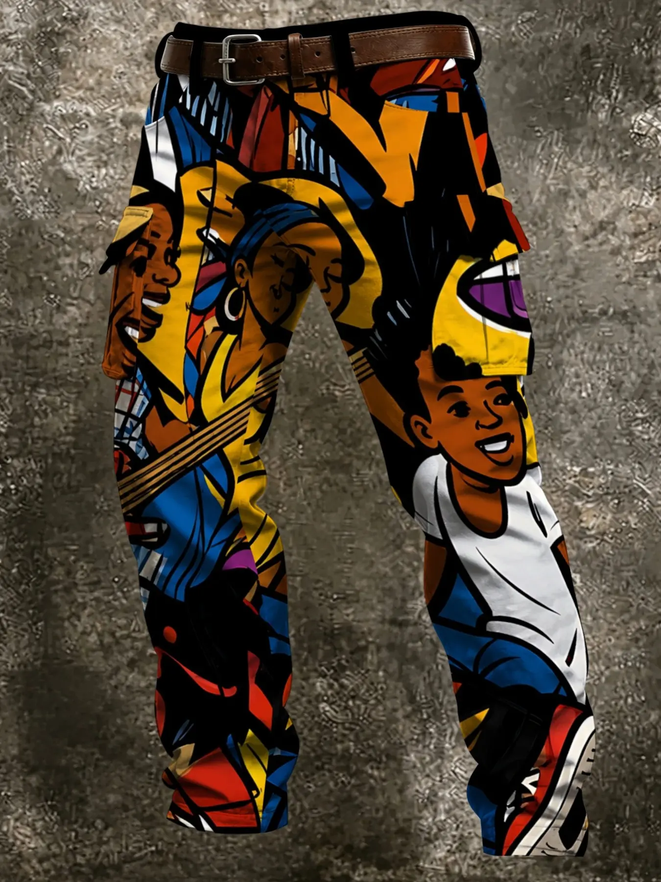 Pop Art Figure Workwear Casual Pants, Large Capacity Flip Cover Side Pockets, Full-Length Musician Graffiti Print, Trendy Long Trousers