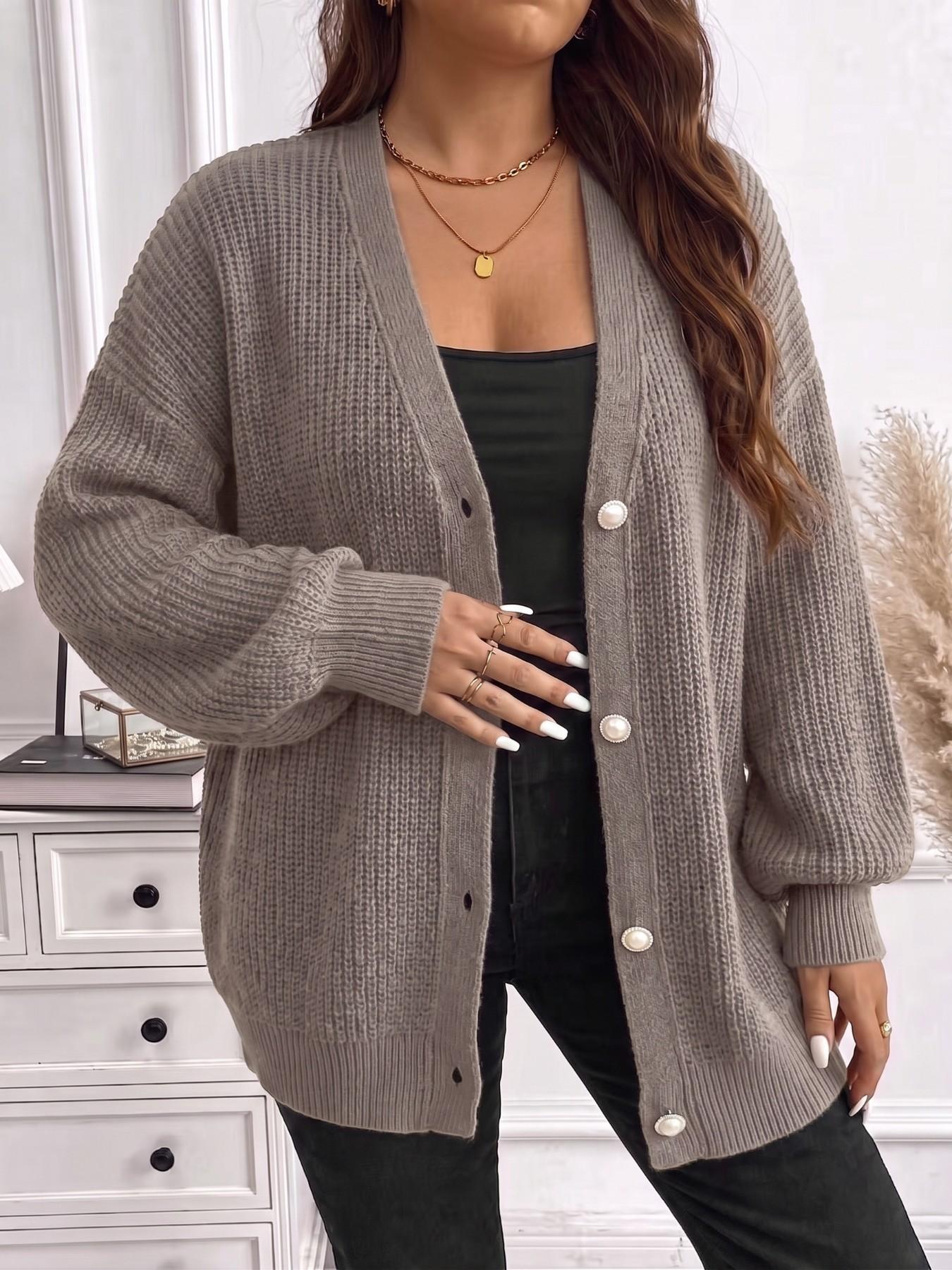Plus Size Women Button Front Long Sleeve Knit Cardigan, Figure-Flattering Casual Knit Outerwear for Spring & Fall, Soft Cozy Sweater for Commute & Loungewear, Suitable for Daily Dates, Vacations, Gatherings, Holiday Outfits, Knitwear
