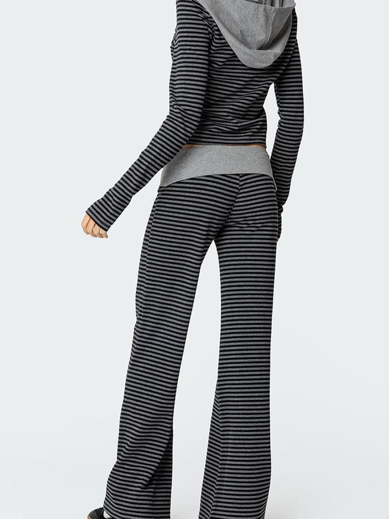 Women's 2 Piece Casual Outfits Long Sleeve Zip Up Hooded Striped Tops Wide Leg Pants Sets