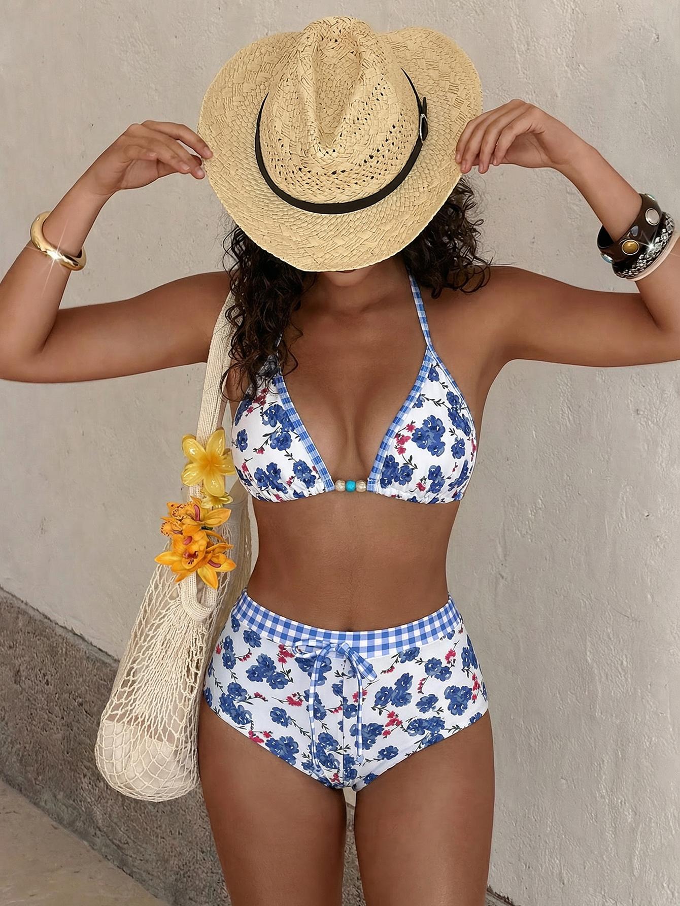 Women's Swimsuit Bikini Set Retro Yellow Polka Dot Print Vintage Color Block Summer Outfit for Beachwear & Vacation Y2k 2000s Streetwear