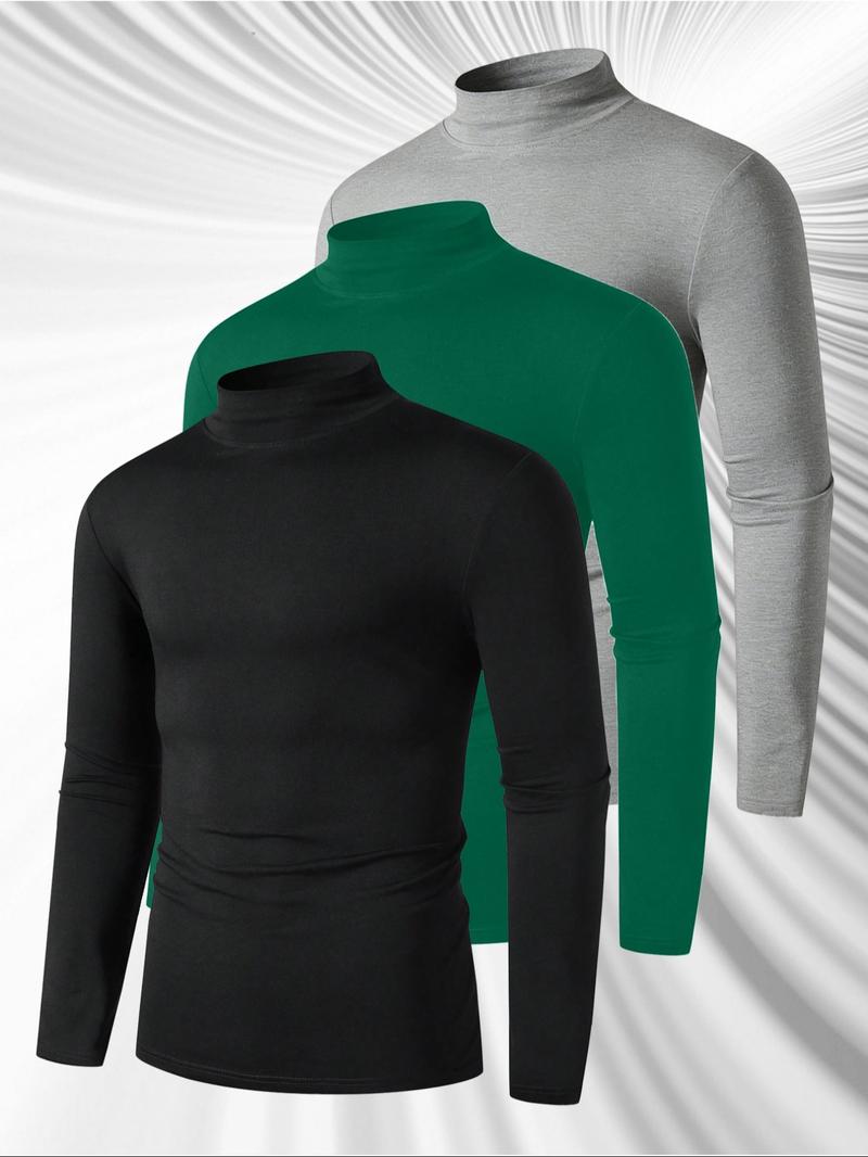 3pcs Men's Solid Color Casual Turtleneck Long Sleeve T-Shirt, Mens Fall And Winter Base Shirt, Men's Spring High Neck Shirt, Men's Summer Half High Neck Shirt, Men'S Casual Top Jacket, Suitable For All Seasons Of Casual Items