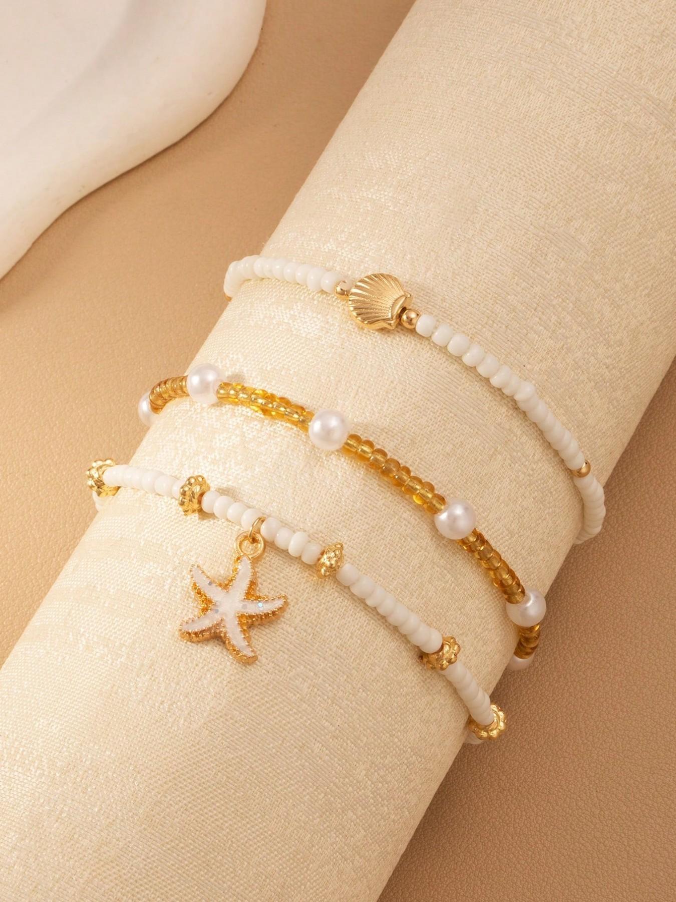 6 Pcs Boho Ocean Style Beaded Imitation Pearl Ccb Metal Star Shell Ankle Bracelet Set, Elastic Fit for Most Ankles, Women's Daily & Festival Wear