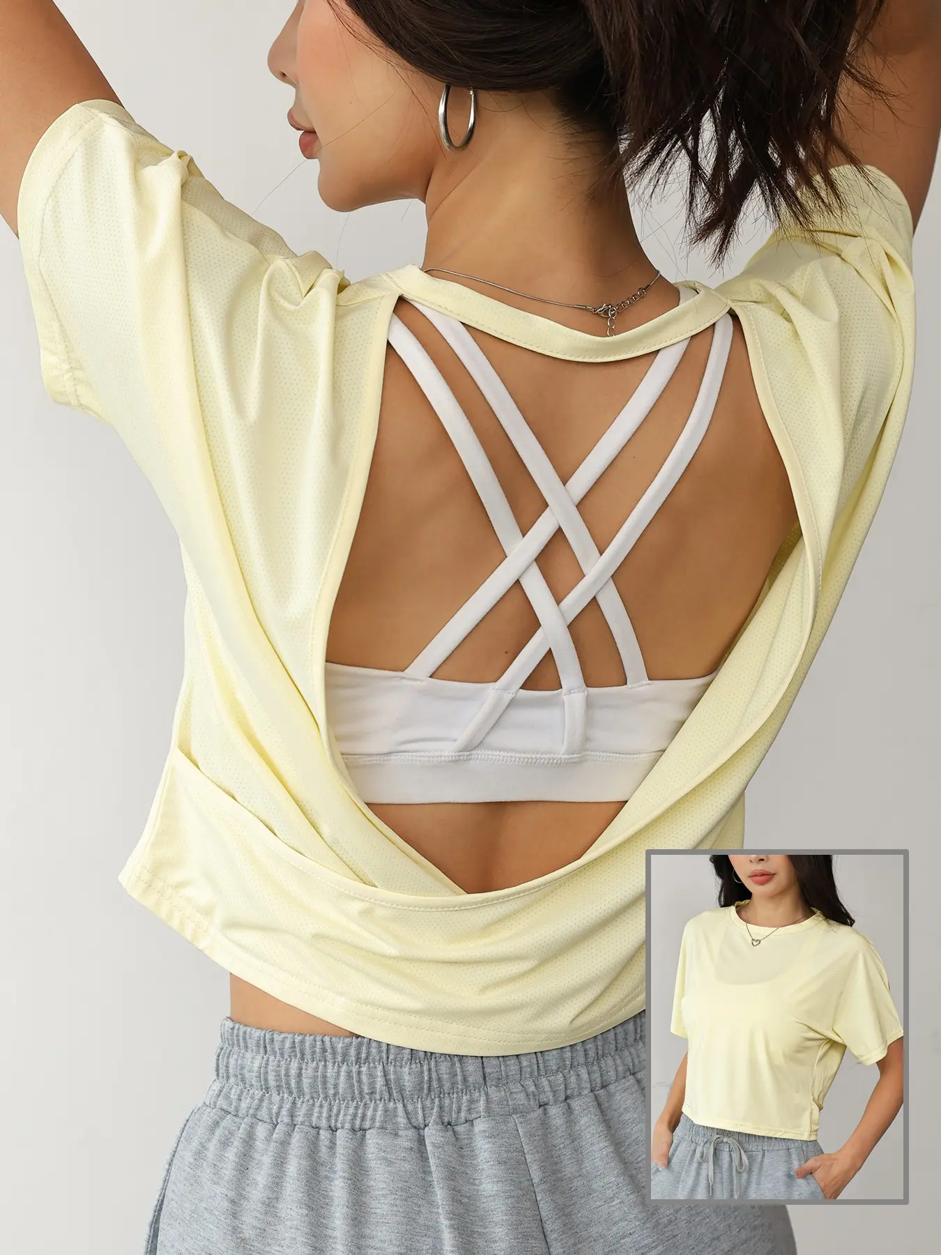 Women's Solid Criss Cross Back Sports Tee, Quick Drying Breathable Sports T-shirt, Ladies Sportswear for Gym Workout Yoga, Fitness Yoga Top, Breathable Workout Tops, Activewear Clothes, Fitness Apparel