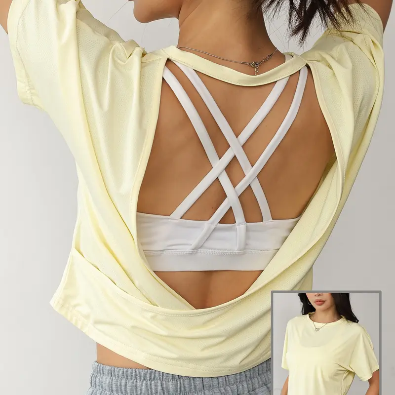 Women's Solid Criss Cross Back Sports Tee, Quick Drying Breathable Sports T-shirt, Ladies Sportswear for Gym Workout Yoga, Fitness Yoga Top, Breathable Workout Tops, Activewear Clothes, Fitness Apparel, Work out shirts