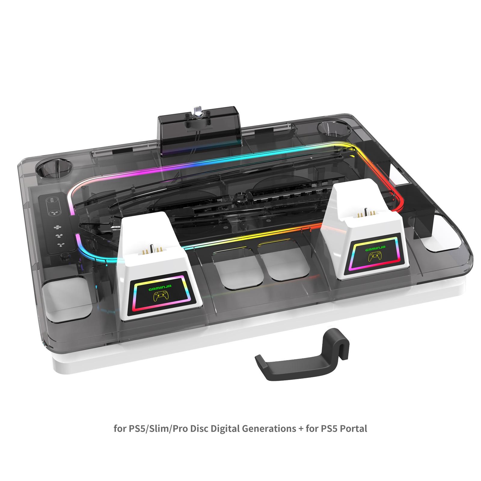 Gaming Console Charging Base, Dual Charging Stand with Earphone Hook, Vertical Cooling Support, Console Accessories for PS5 Controller, Charging Dock Accessories