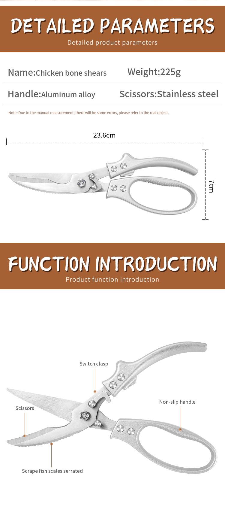 Multi-Functional Chicken Bone Scissor, Stainless Steel Kitchen Shears, Aluminum Handle, Ideal for Meat, Bones, Herbs, Fish, Vegetables