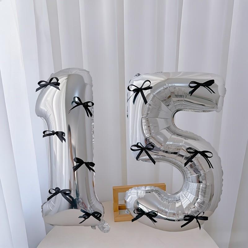 15pcs black bow style silver aluminum foil balloon set, including 2 balloons, 12 black bows and glue, suitable for birthday parties, Birthday decorations, graduation ceremony decoration and photo props