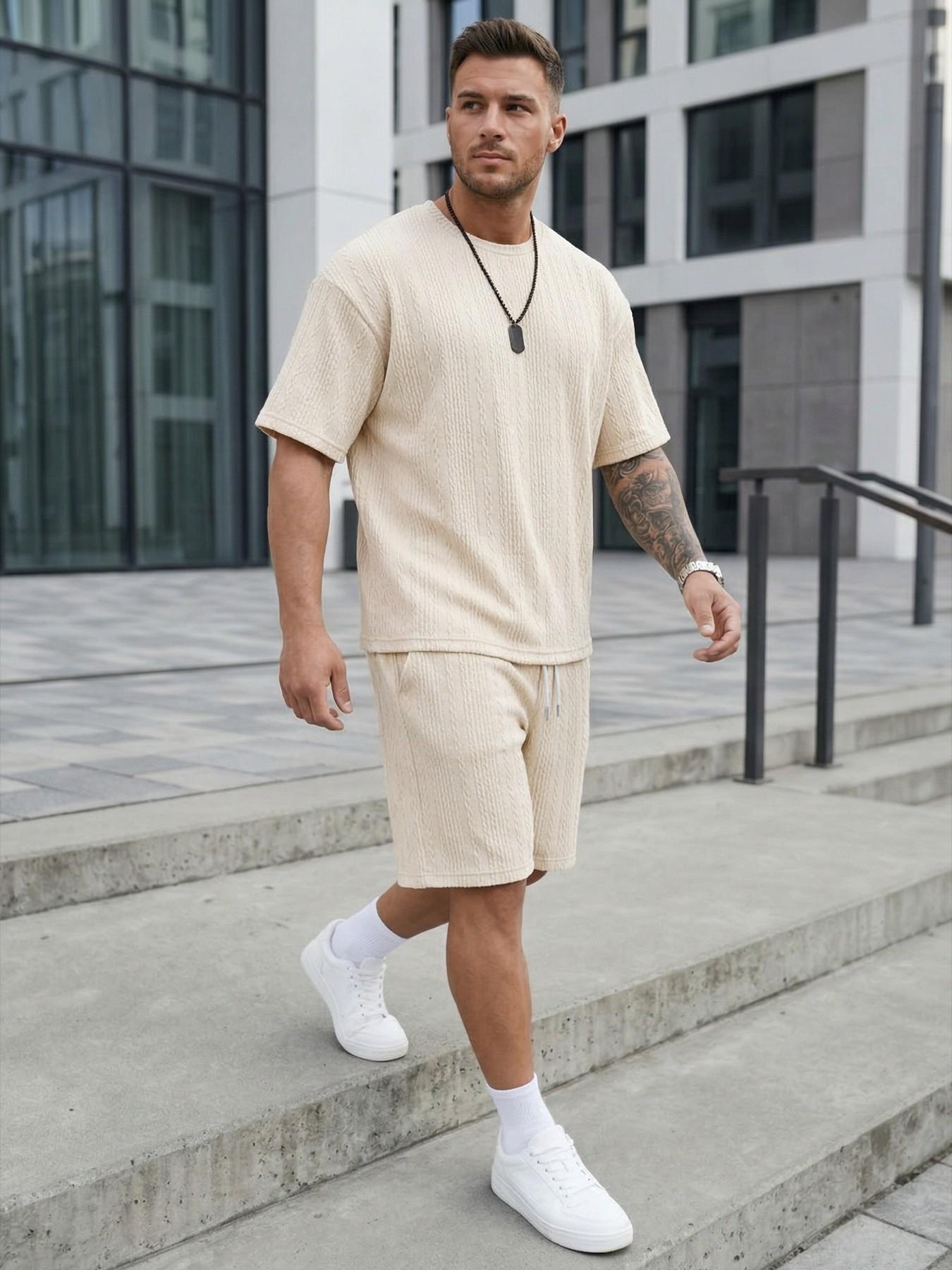 Men's Youth Textured Casual Vacation Outdoor Round Neck Loose Fit T-Shirt + Drawstring Shorts, Short Sleeve, Fitted, Plain, Contrast Binding