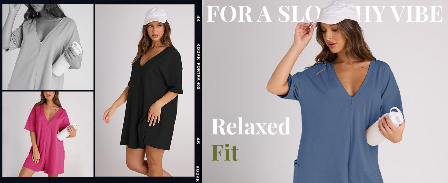 Molitree Rompers for Women Casual Short Sleeve Oversized Athletic Jumpsuits Workout Reversible Hot Shot Tee Romper Overalls