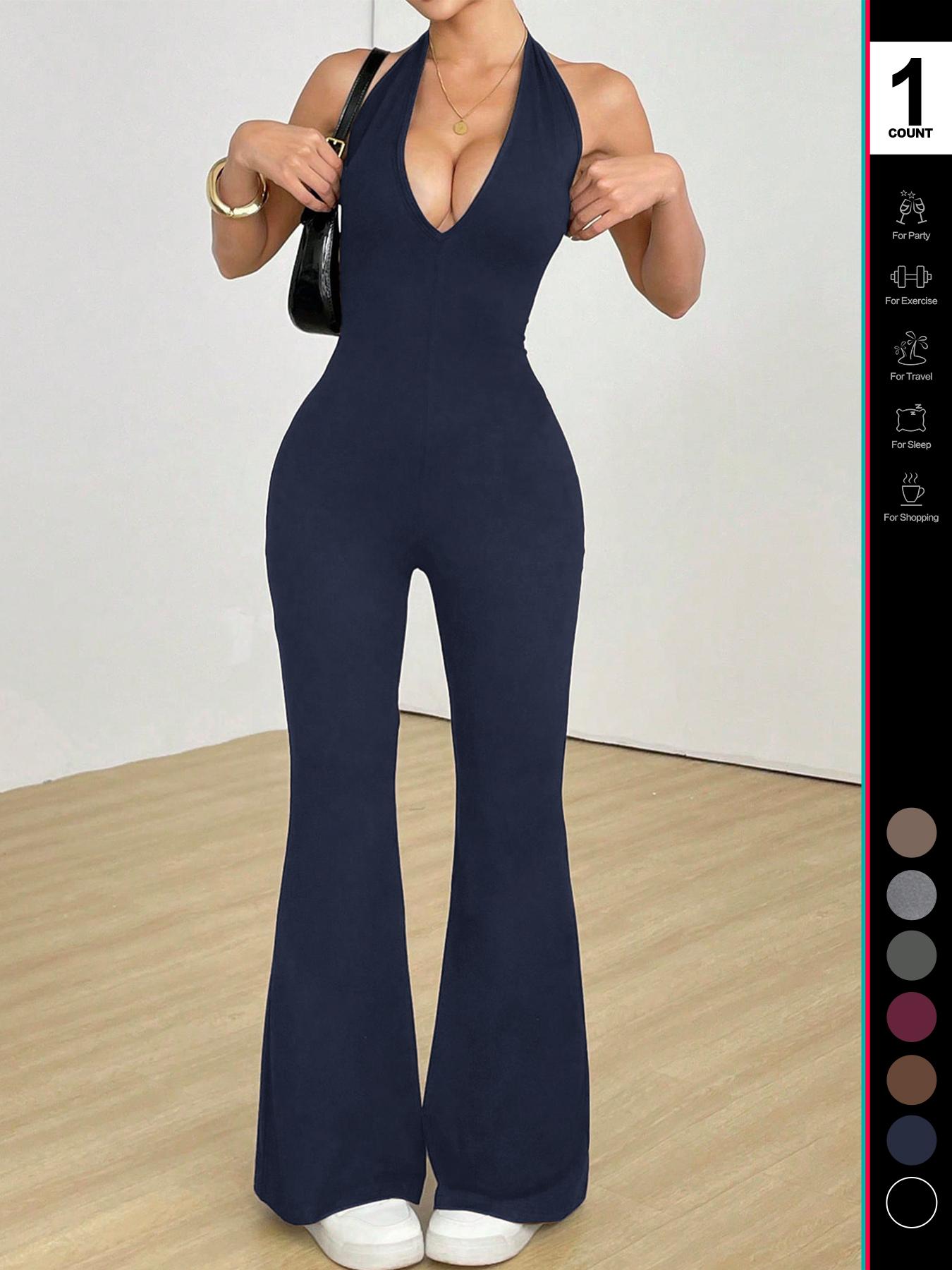 2026 Women's Sexy Halter V Neck Jumpsuit, Sleeveless Backless Design, Fitted Flare Leg Romper, Casual Style for All Seasons