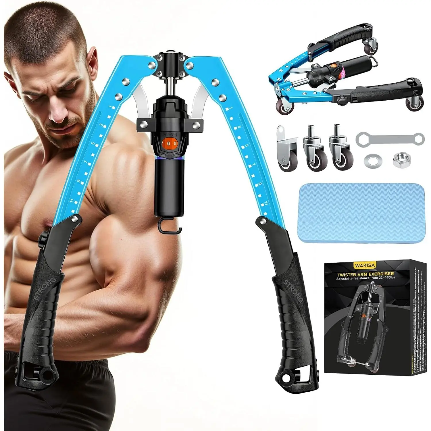 Arm Trainer, 3 in 1 Hydraulic Power Chest Workout Equipment with Ab Roller Wheels and Hooks, Adjustable 22-440lbs Arm Trainer for Men Women, Home Gym Equipment for Full Body Strength Training