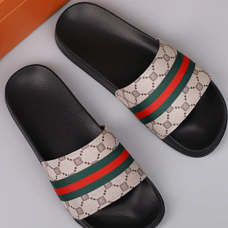 Couple Casual Comfortable Slippers, Slide Slippers, PU Leather Eva Sole, Random Print, All Seasons, Fashion Style, Sizes 39-47, Beach & Home Use