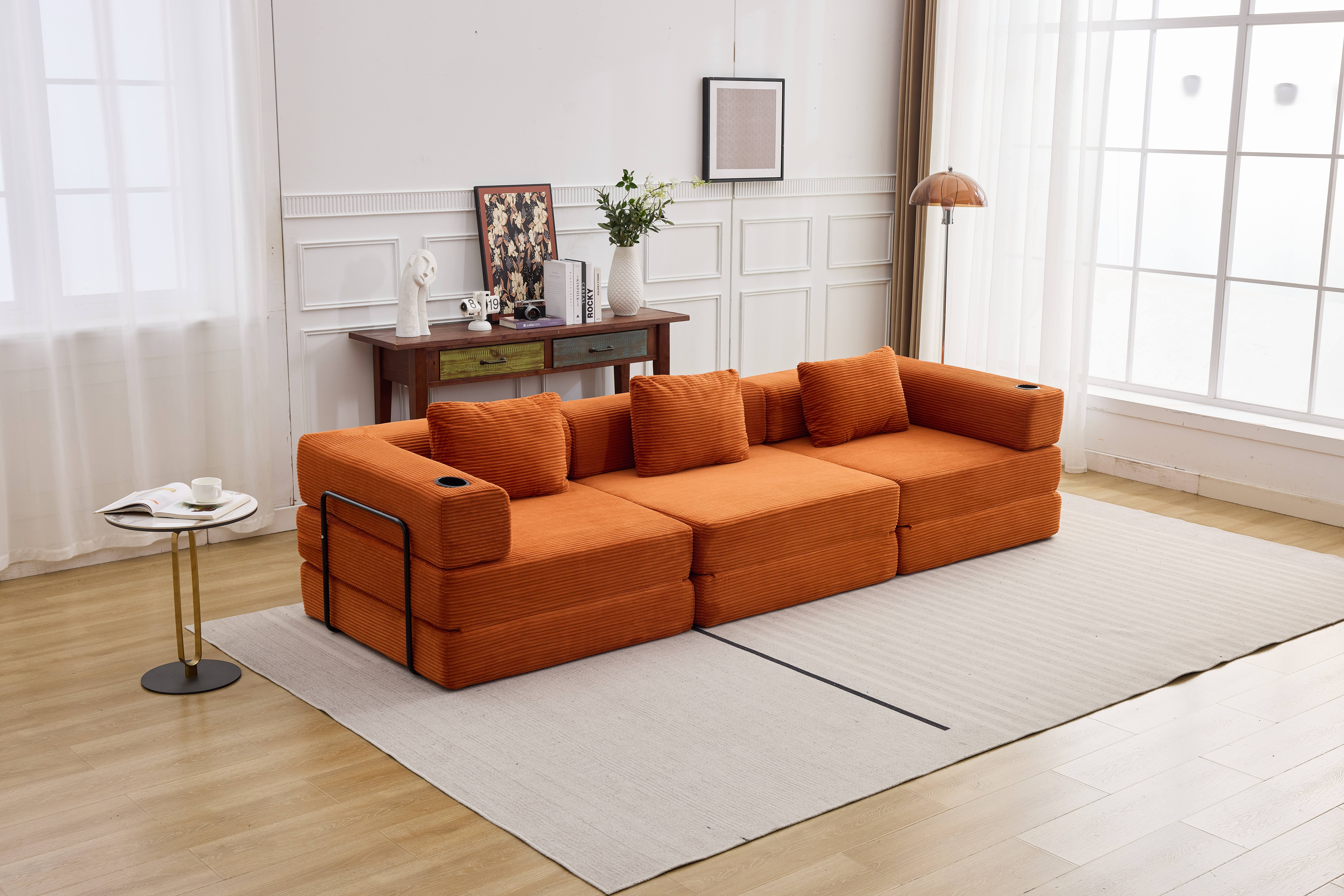 QAK 115" Modular Floor Sofa Bed with Two Cup Holders High-Quality Corduroy Fabric Free Combination Design Premium Sponge Padding Multifunctional for Small Spaces Living Room Mattress