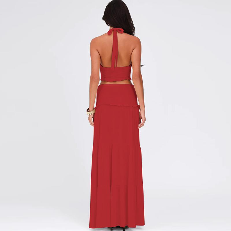 Solid Color Backless Crop Top & Ruched Skirt Two Pieces Set Women's Sleeveless Halter Neck Top & Skirt Ladies Summer Fall Clothes for Party Holiday Vacation Beach Boho Valentine's DayGift Outfit SpringStatements