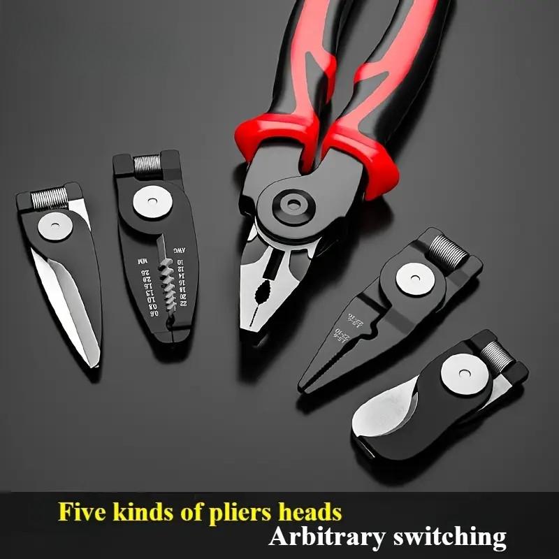 Five-In-One Multi-Functional Replaceable Head Pliers Set, Steel Wire Pliers Tiger Pliers Stripping Tool Kit, Multifunctional Pliers