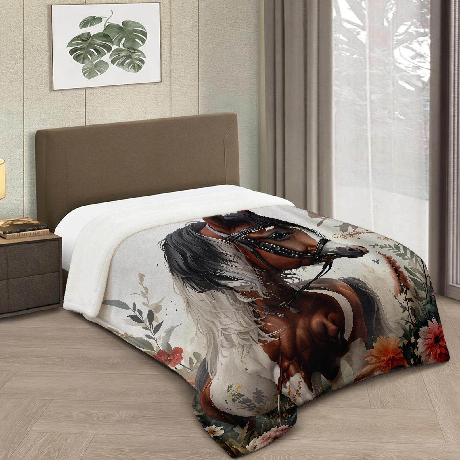 Vintage Horse & Floral Print Flannel Blanket - Soft Warm Anti-Tear All-Season Throw for Camping, Travel, Home Decor - Machine Washable Cozy Gift for Friends & Family, Picnic Blanket