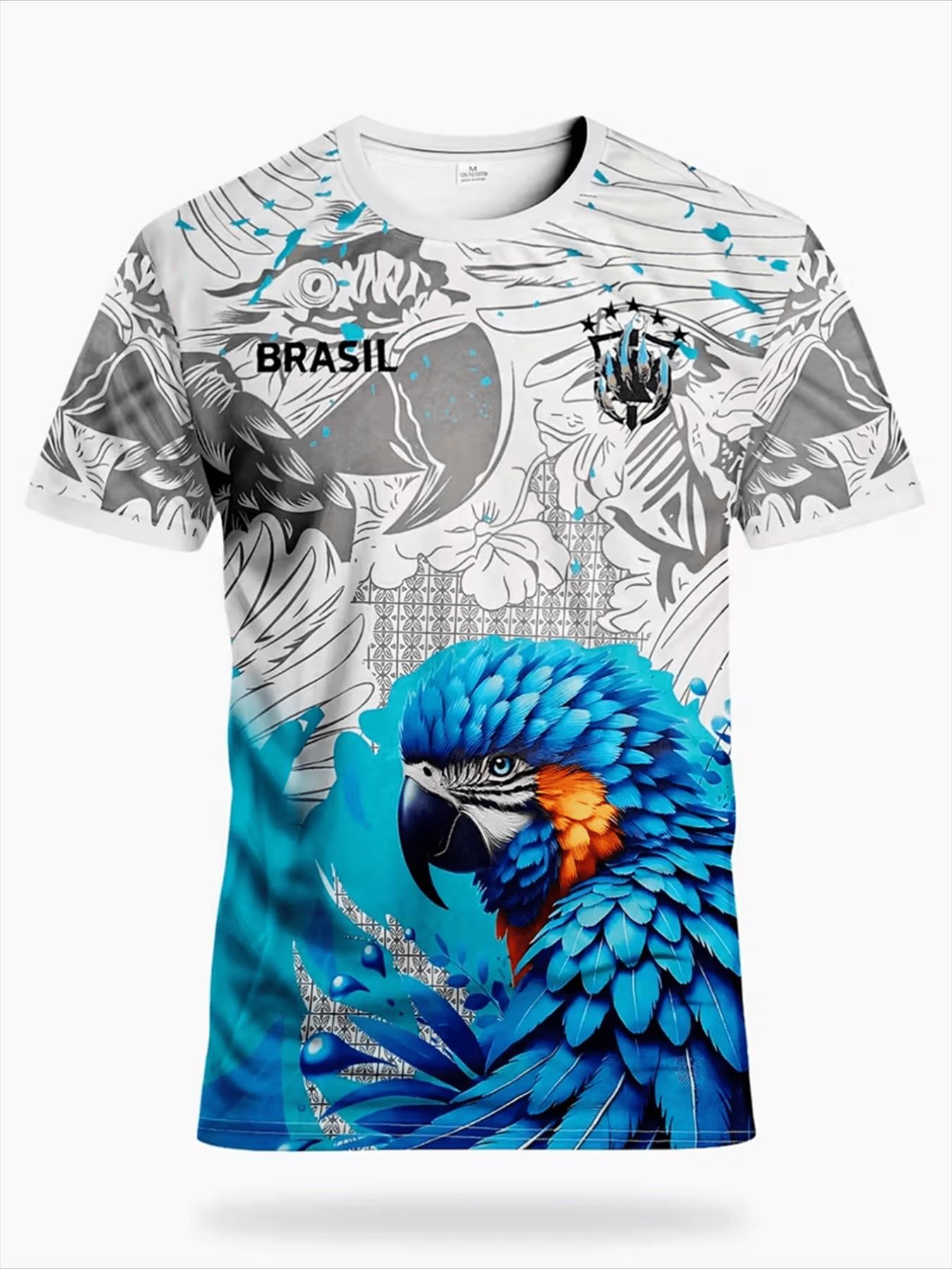 Brazilian Men's Sporty Tee & Rio Style Breathable Round Neck Top, Parrot Pattern Design, Lightweight Sweat-Wicking Fabric Ideal for Soccer Teams