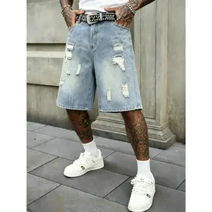 Men’s ripped loose denim shorts, Y2K hip-hop street style, patch appliqué details, wide-leg denim shorts, vintage black wash, knee-length, casual skateboarding shorts, unisex denim apparel. Menswear