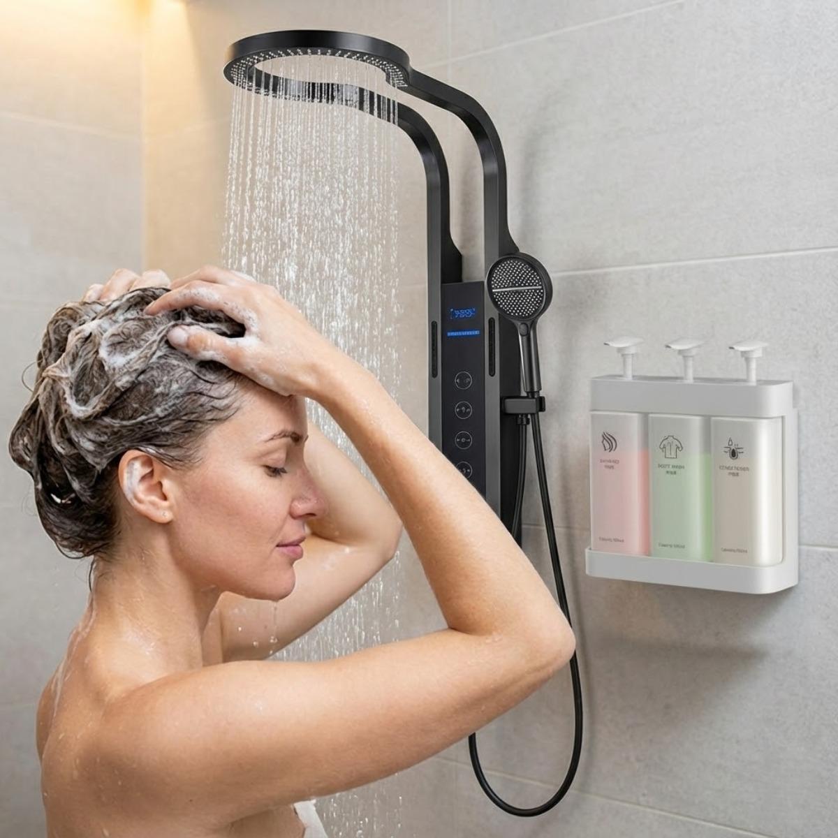 No-Drill Shampoo Dispenser Set, Wall Mounted Conditioner and Body Wash Storage Bottles, Multi-Chamber Push Pump Design, 500ml Large Capacity Refillable Shower Soap Dispenser for Bathroom, Hotel, Apartment and Dorm