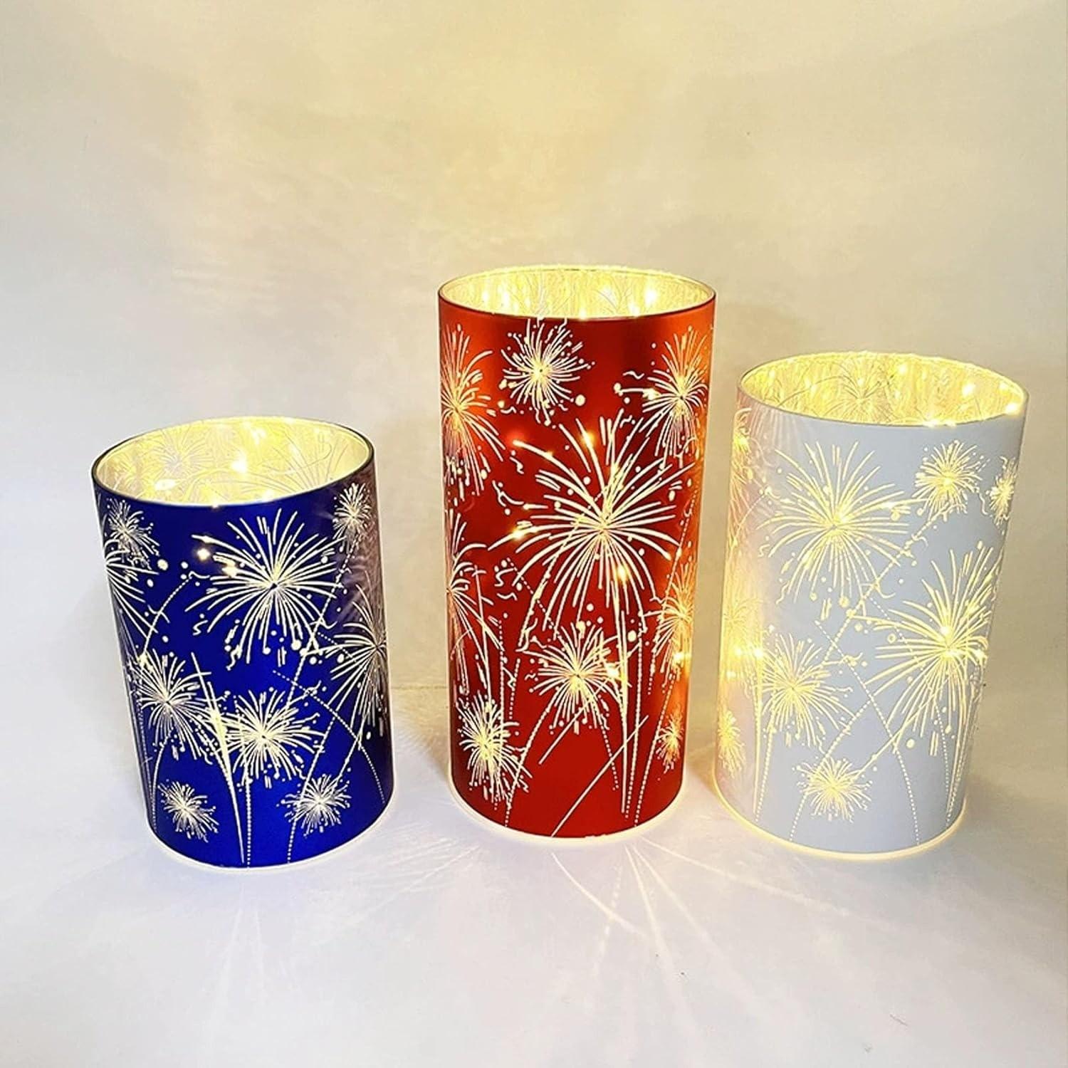 3-Piece Electronic Candle Holder Set, Candle Holders for Table Centerpiece, Home Decor Tabletop Centerpieces for Birthday Parties and Weddings, Featuring Cylindrical Frames with 'Bursting Fireworks' Pattern and LED Light Sources, Available in Warm White