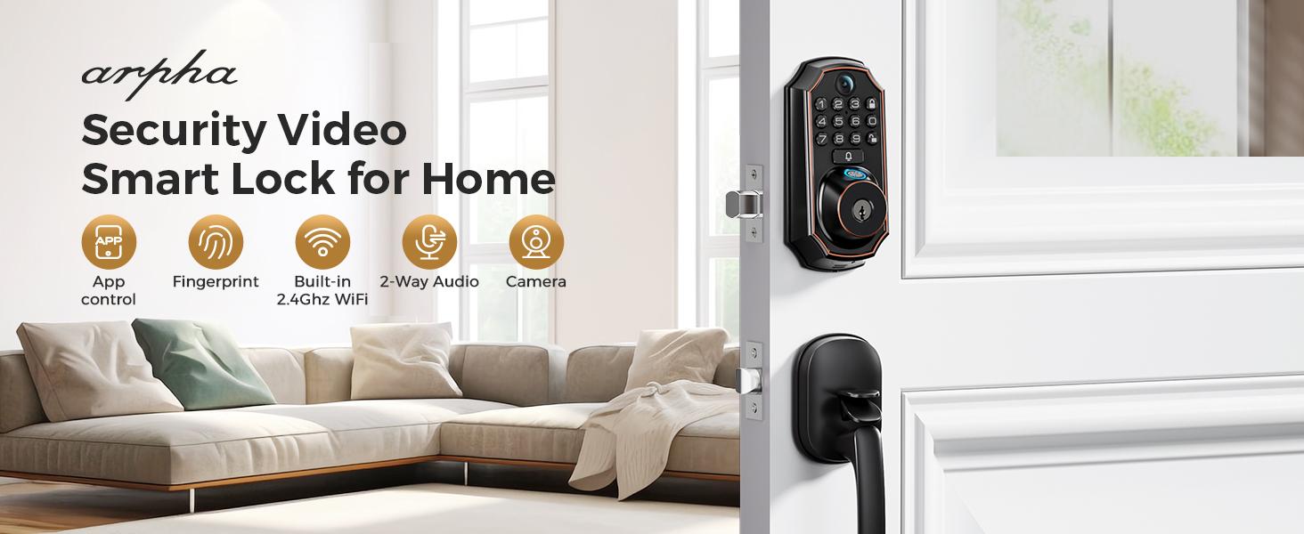 Arpha D289 Keyless Door Lock Deadbolt with Handle Set - WiFi Door Lock with Camera - 5 in 1 Camera+Doorbell+Fingerprint Keyless Entry Door Lock