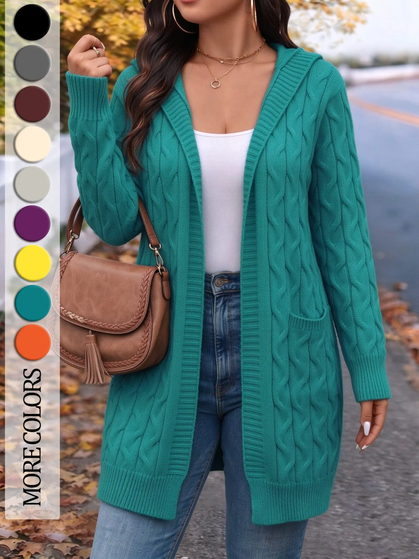 Women's Bohemian Hooded Knit Long Cardigan, Casual Fall Winter Outerwear, Pocket Design, Daily Wear, Stylish Pullover Jacket, Long Sleeves