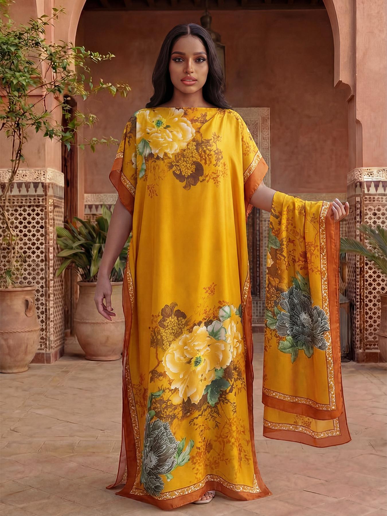 Women's Spring Summer Floral Pattern Robe & Thin Loose Fit Shawl Set, Casual Beach Sun Protection Satin Scarf